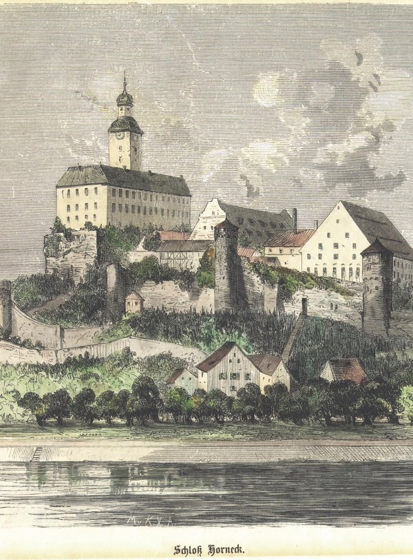 Schloss Horneck, kolorierter Holzschnitt (1866)
