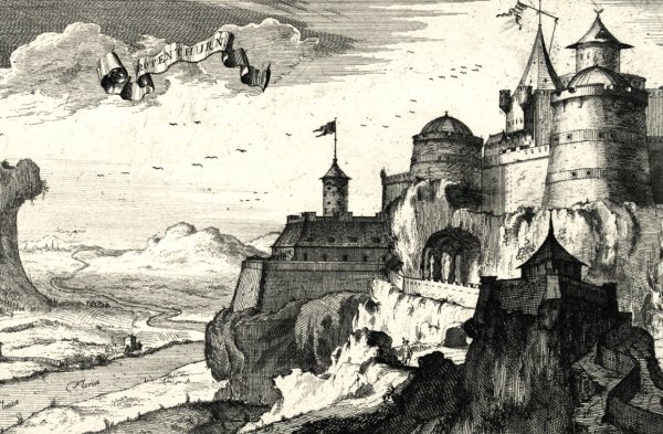 JACQUES HARREWYN Roter Turm über dem Fluss Alt in Transsilvanien, Kupferstich, nach 1711