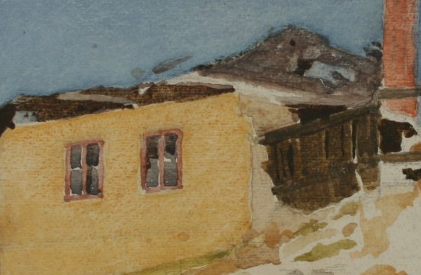 FRIEDRICH MIESS Verfallene Häuser, undatierte Kohlezeichnung und Aquarell auf Papier, Detailausschnitt